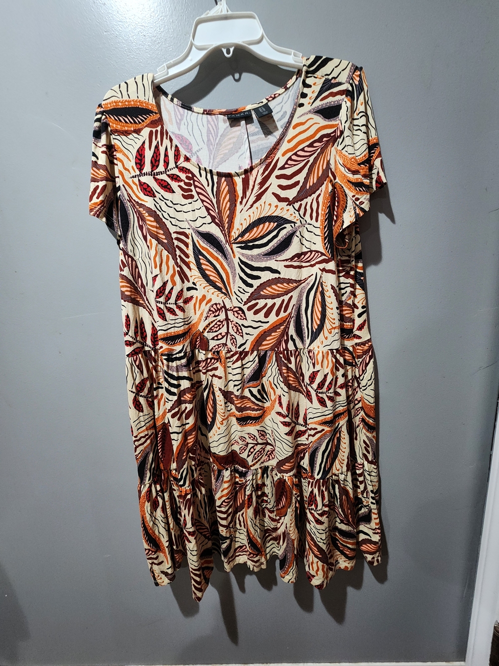 Tahari Cream Leaf-Print Tiered Mini Dress with Orange and Brown Accents